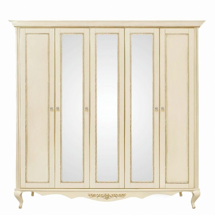 Шкаф 5 дверный с зеркалами Неаполь, Ваниль/Патина Золото без структуры дерева